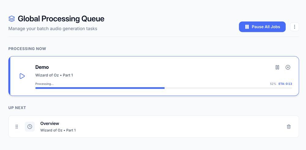The processing queue showing a chapter generating with a progress bar and an up-next list